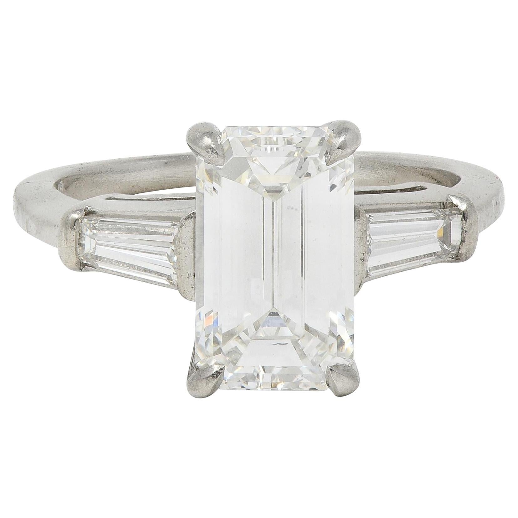 Mid-Century 2.56 CTW Emerald Cut Diamond Platinum Vintage Engagement Ring GIA For Sale