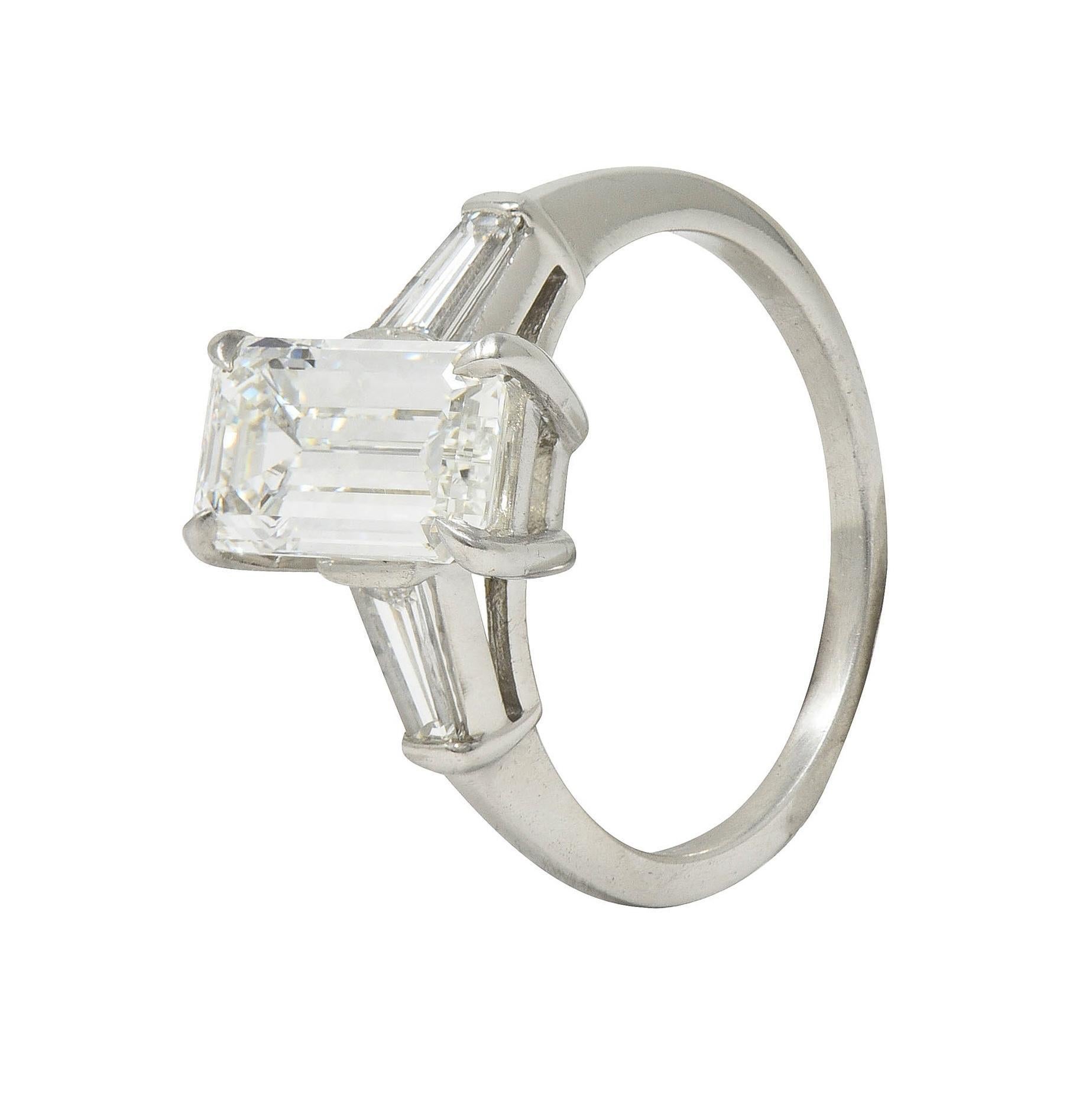 Mid-Century 2.56 CTW Emerald Diamond Platinum 3 Stone Vintage Engagement Ring For Sale 5