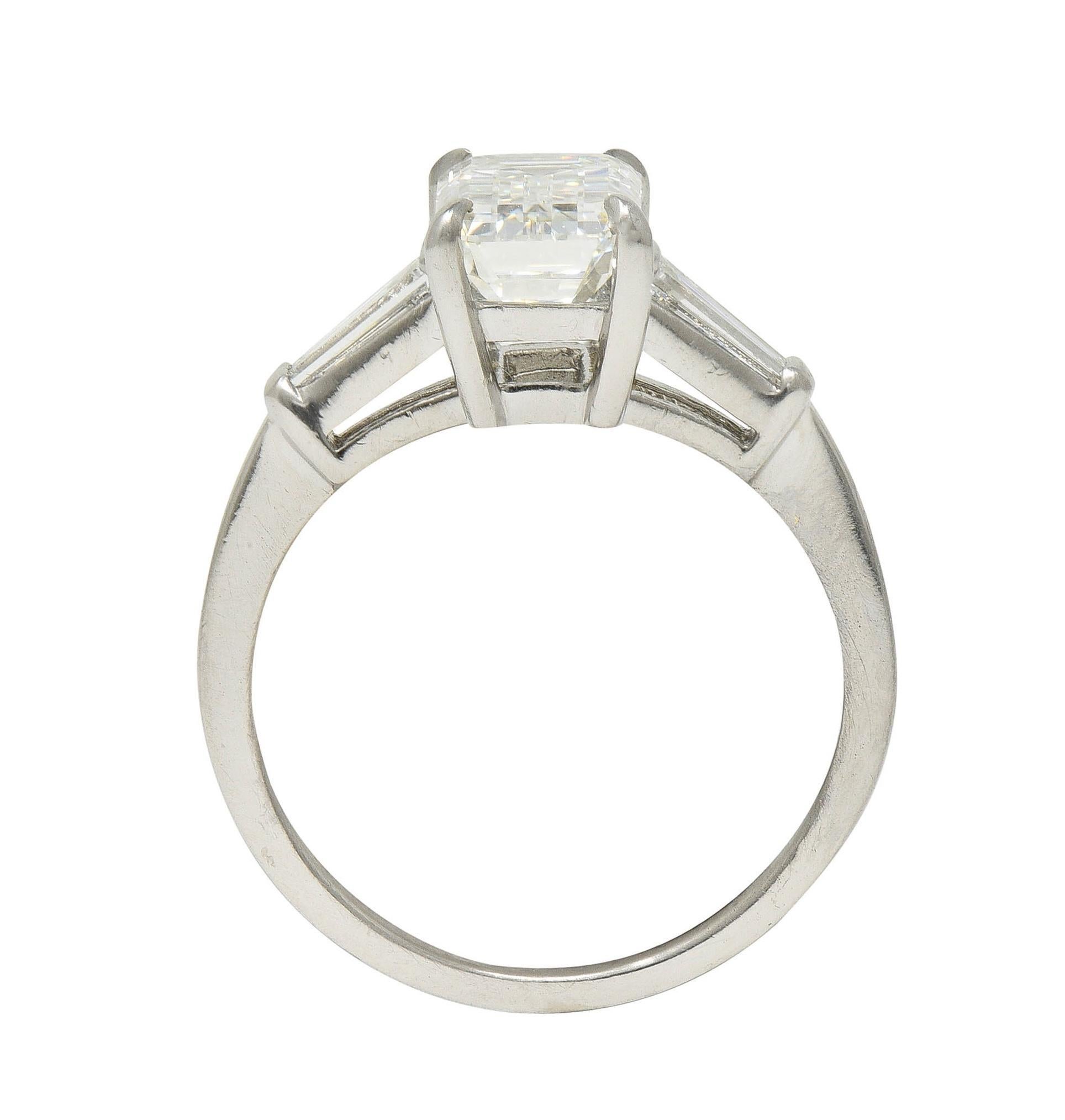 Mid-Century 2.56 CTW Emerald Diamond Platinum 3 Stone Vintage Engagement Ring For Sale 6