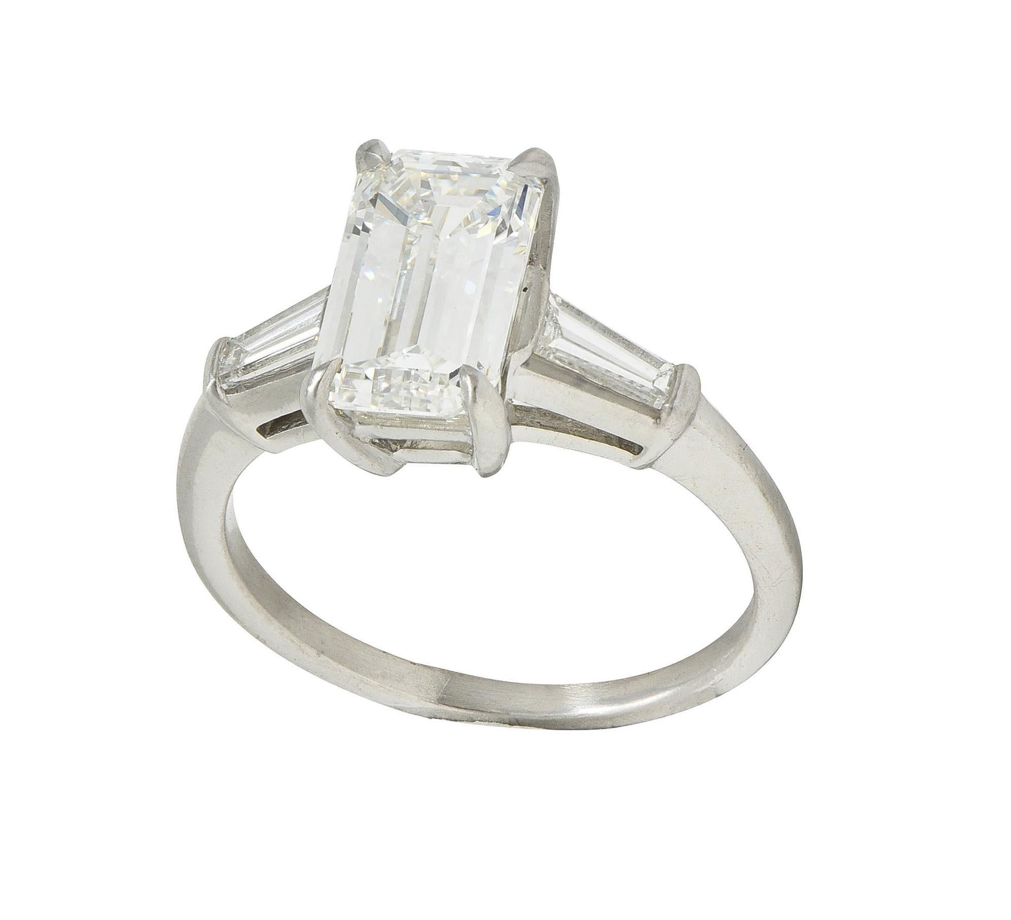 Mid-Century 2.56 CTW Emerald Diamond Platinum 3 Stone Vintage Engagement Ring For Sale 7