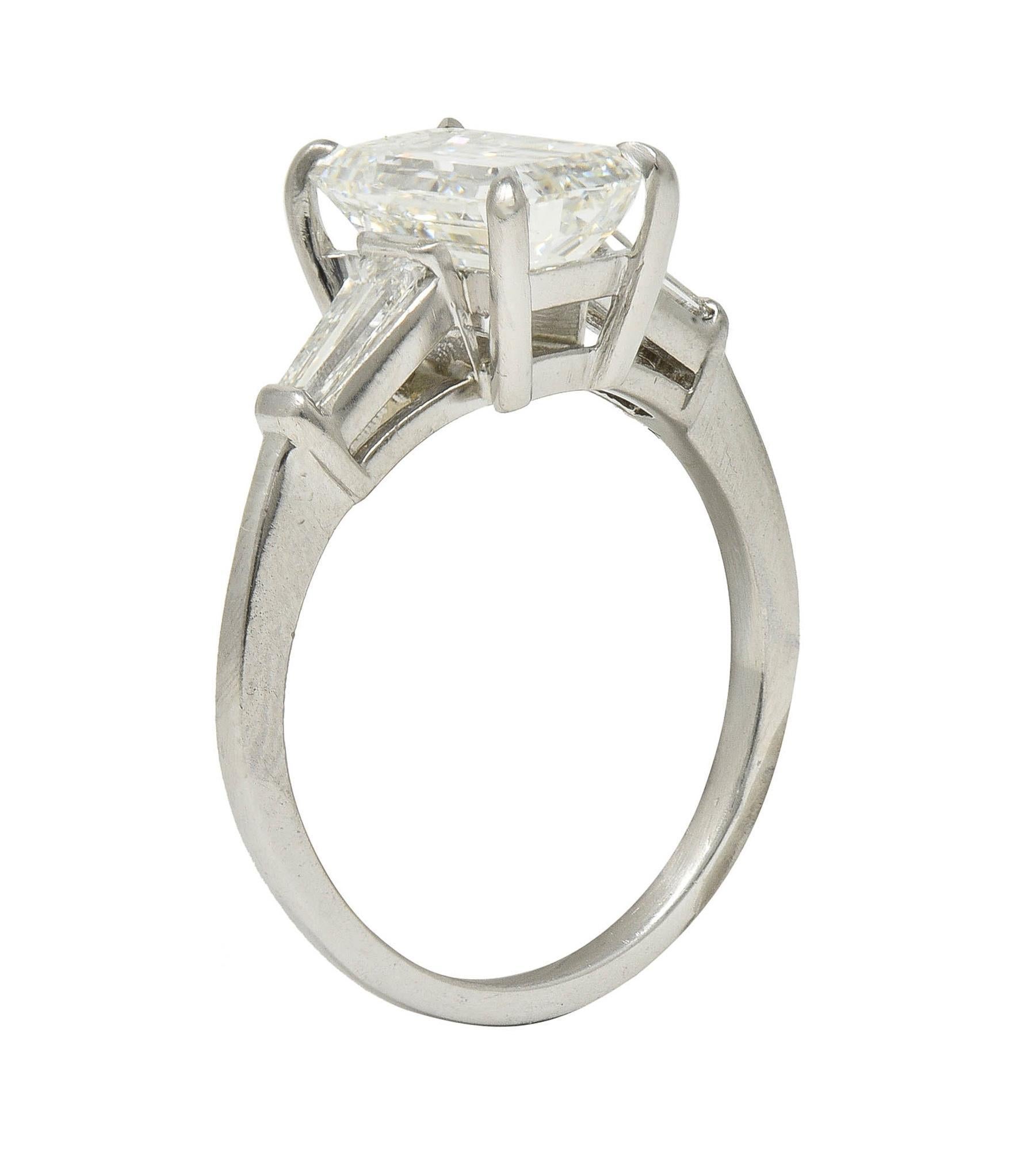 Emerald Cut Mid-Century 2.56 CTW Emerald Diamond Platinum 3 Stone Vintage Engagement Ring For Sale