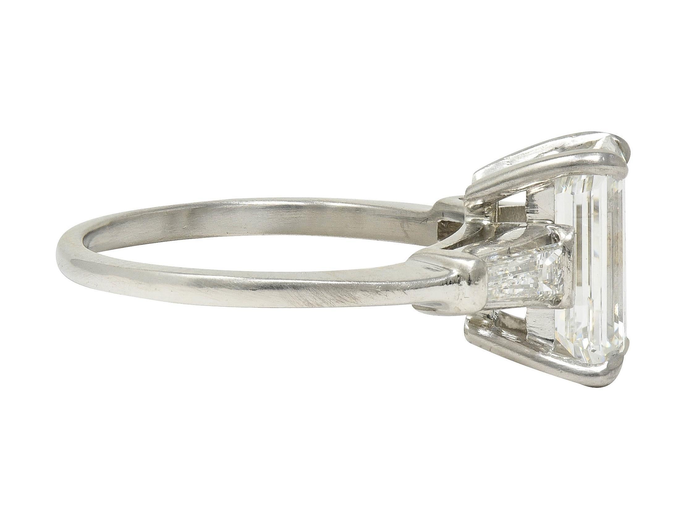 Women's or Men's Mid-Century 2.56 CTW Emerald Diamond Platinum 3 Stone Vintage Engagement Ring For Sale