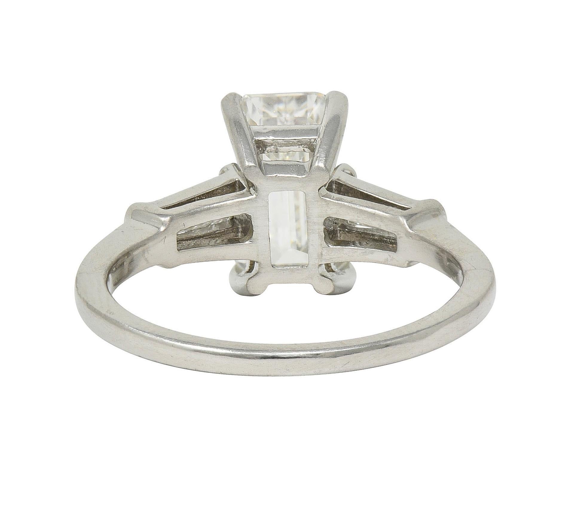 Mid-Century 2.56 CTW Emerald Diamond Platinum 3 Stone Vintage Engagement Ring For Sale 1