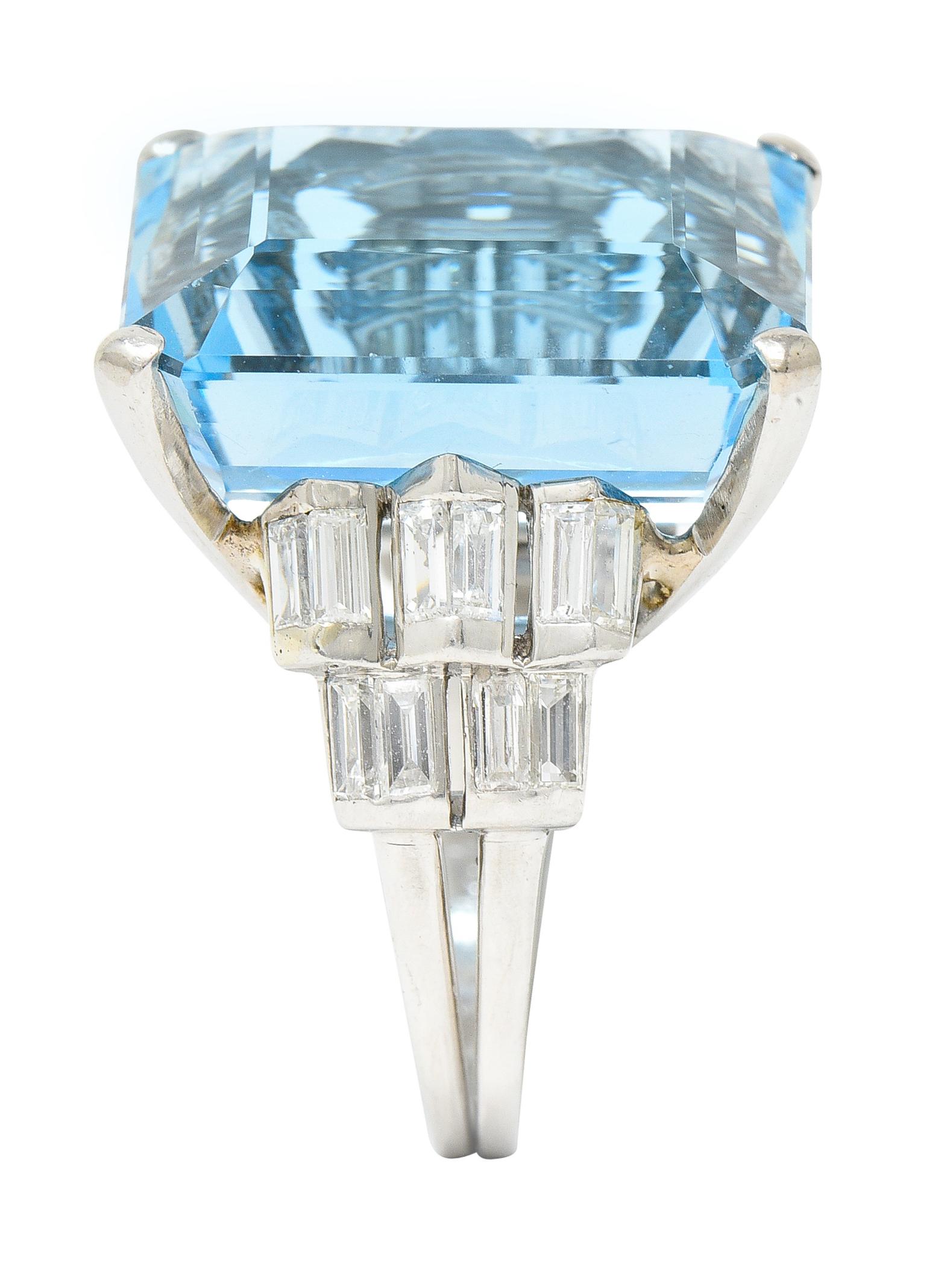 Mid-Century 25.76 Carats Emerald Cut Aquamarine Baguette Diamond Platinum Ring 5