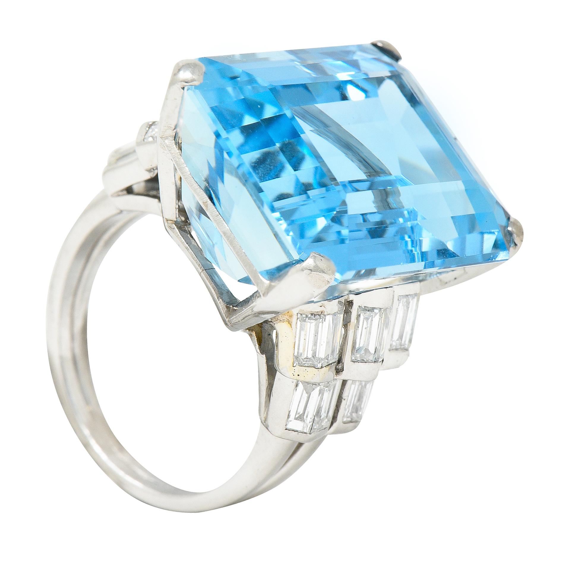Mid-Century 25.76 Carats Emerald Cut Aquamarine Baguette Diamond Platinum Ring 6