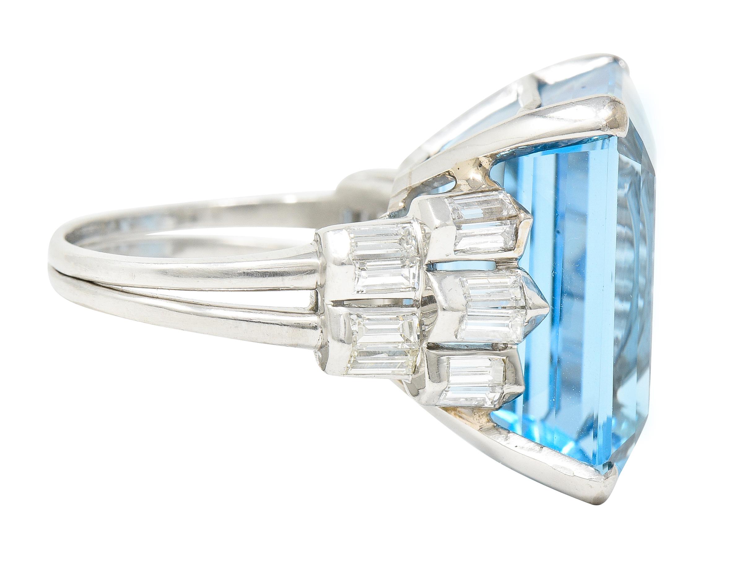 Mid-Century 25.76 Carats Emerald Cut Aquamarine Baguette Diamond Platinum Ring In Excellent Condition In Philadelphia, PA