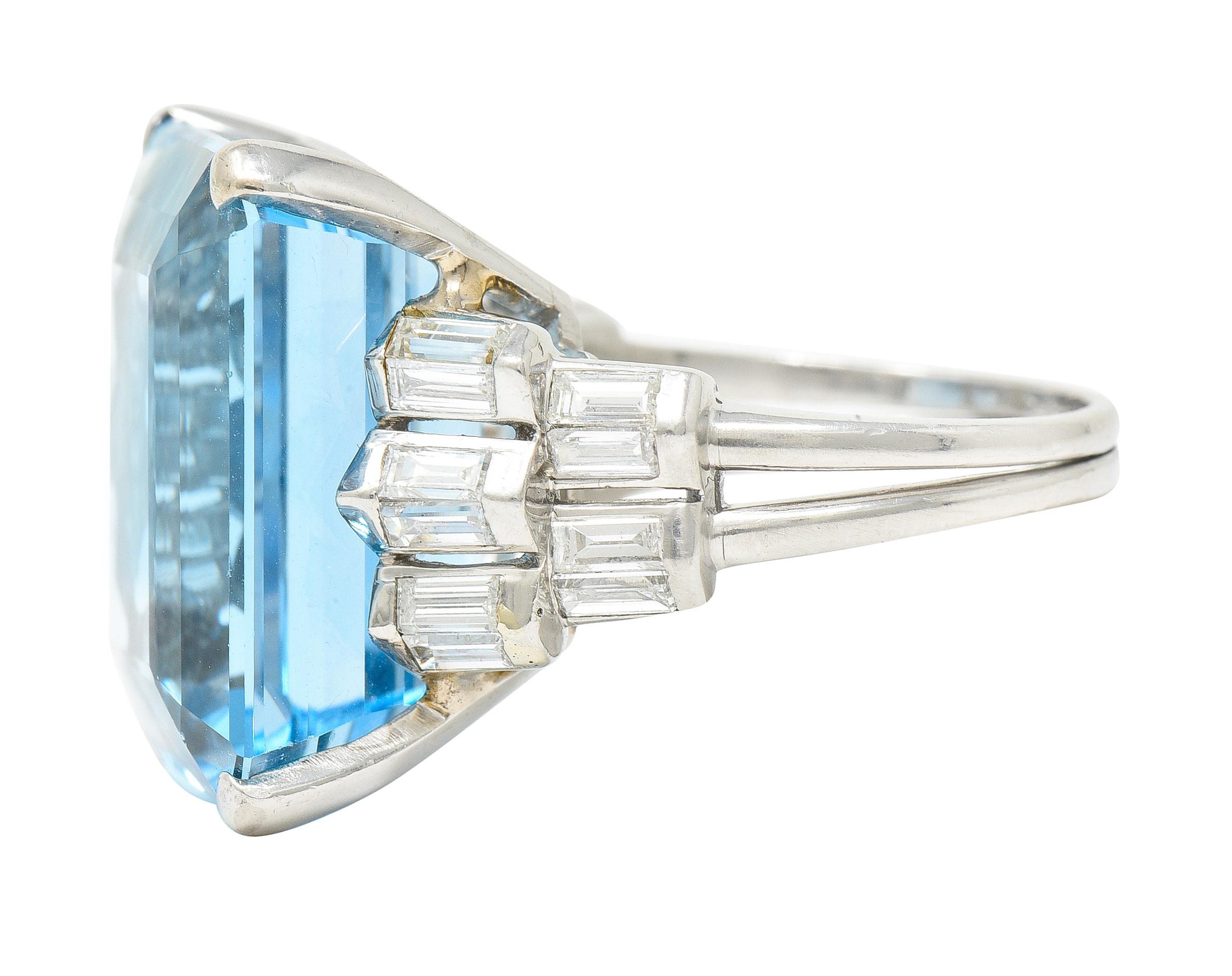 Mid-Century 25.76 Carats Emerald Cut Aquamarine Baguette Diamond Platinum Ring 1