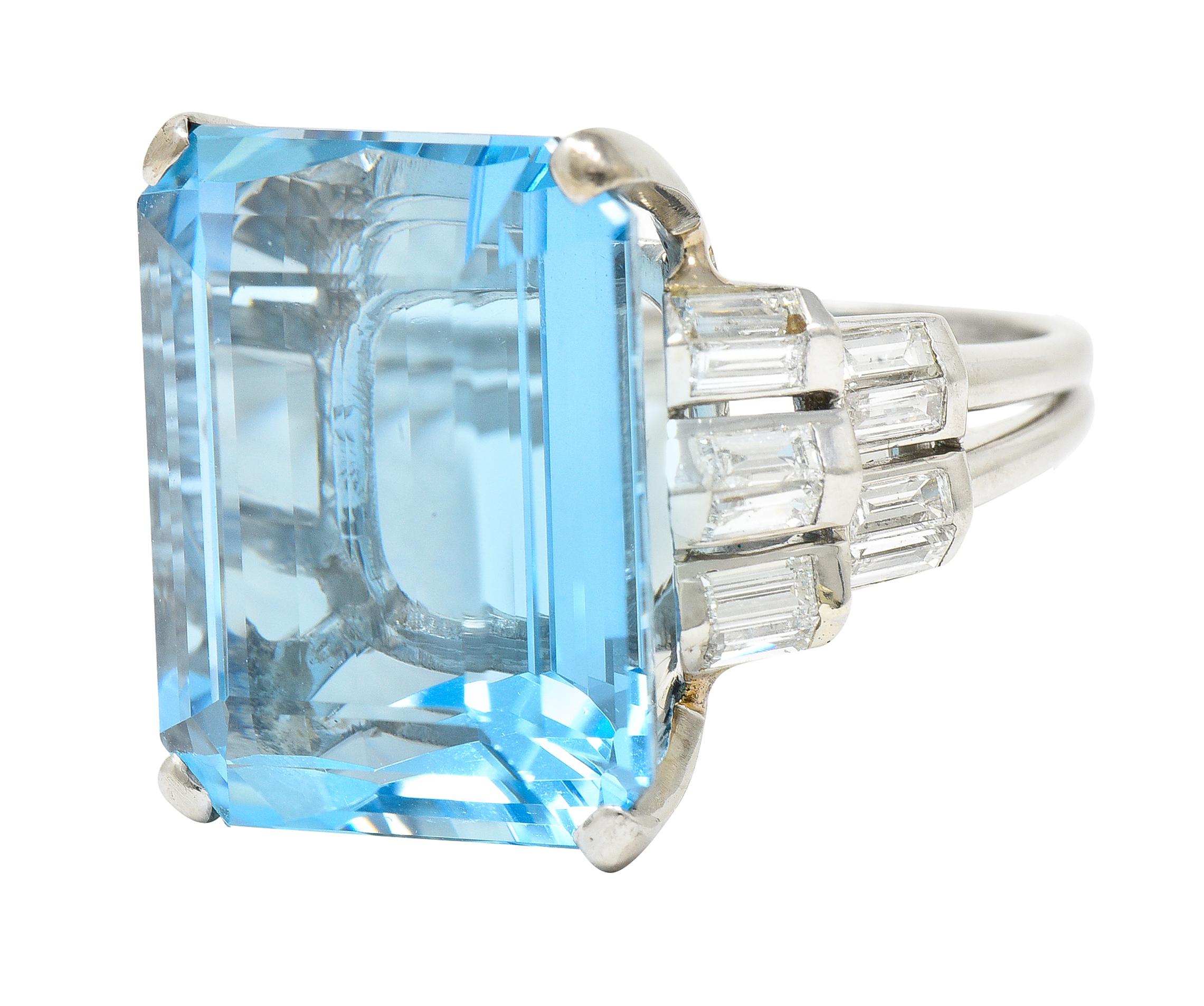 Mid-Century 25.76 Carats Emerald Cut Aquamarine Baguette Diamond Platinum Ring 2