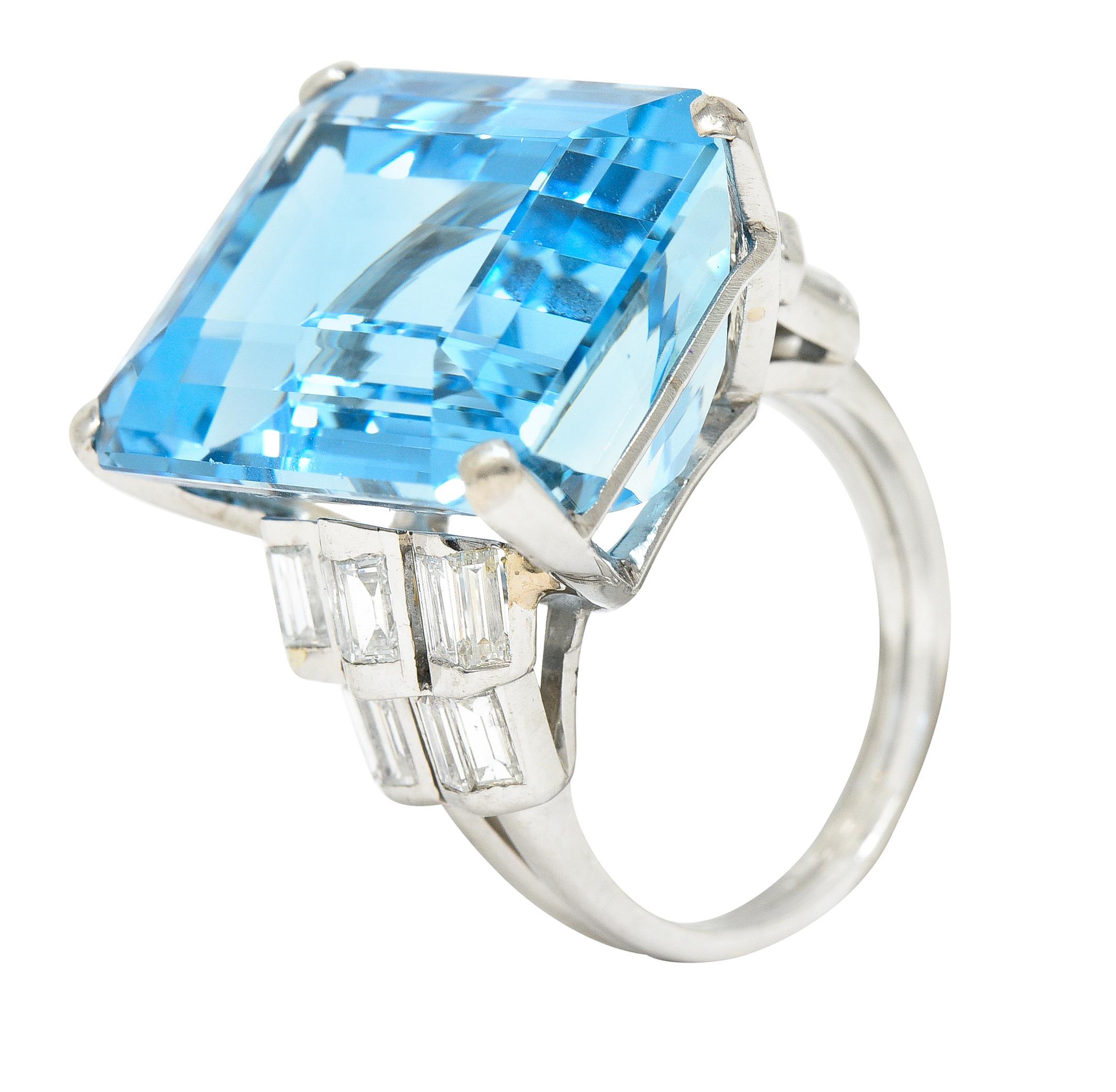 Mid-Century 25.76 Carats Emerald Cut Aquamarine Baguette Diamond Platinum Ring 3