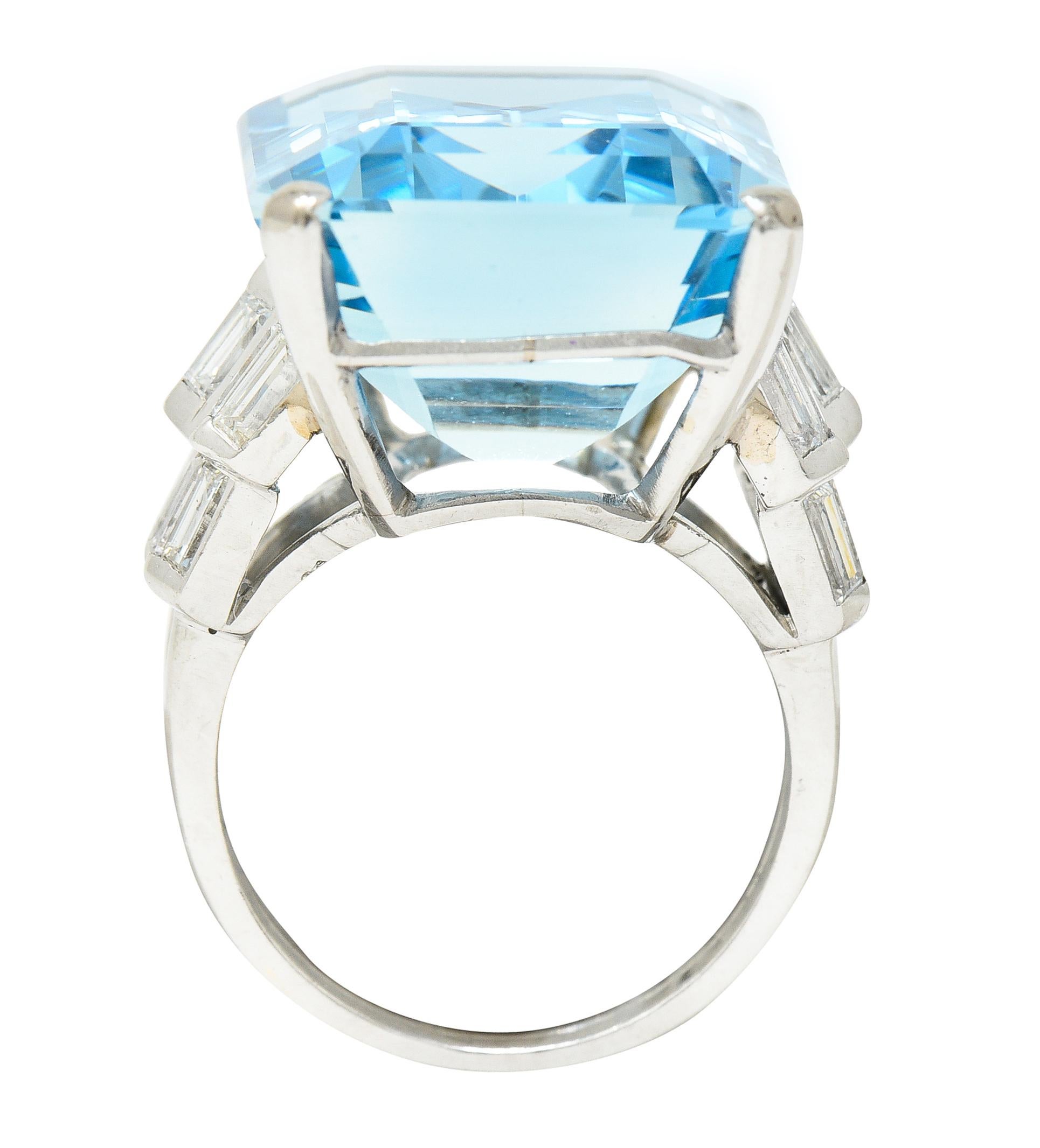 Mid-Century 25.76 Carats Emerald Cut Aquamarine Baguette Diamond Platinum Ring 4
