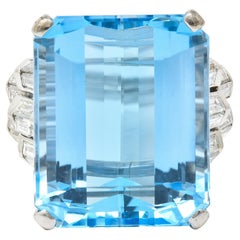 Retro Mid-Century 25.76 Carats Emerald Cut Aquamarine Baguette Diamond Platinum Ring