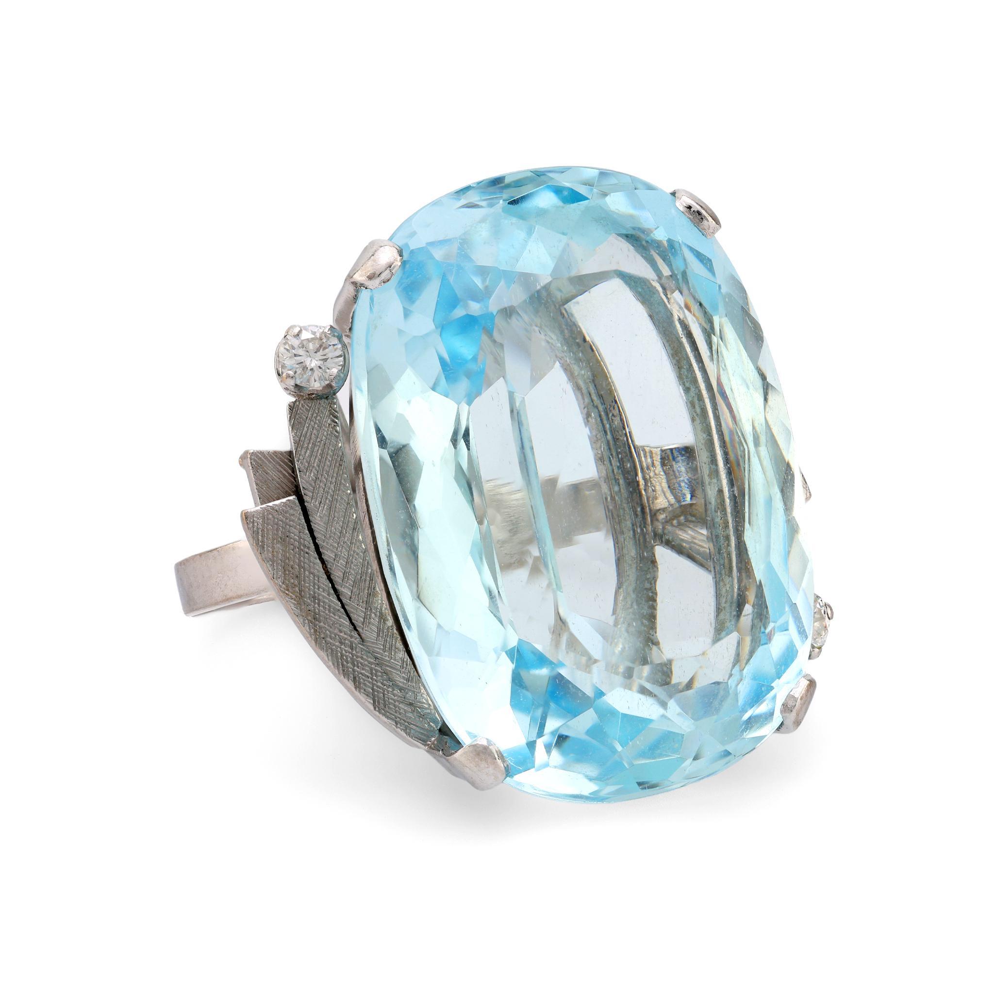 Modern Mid Century 27 carat aquamarine diamond 18k white gold cocktail ring
