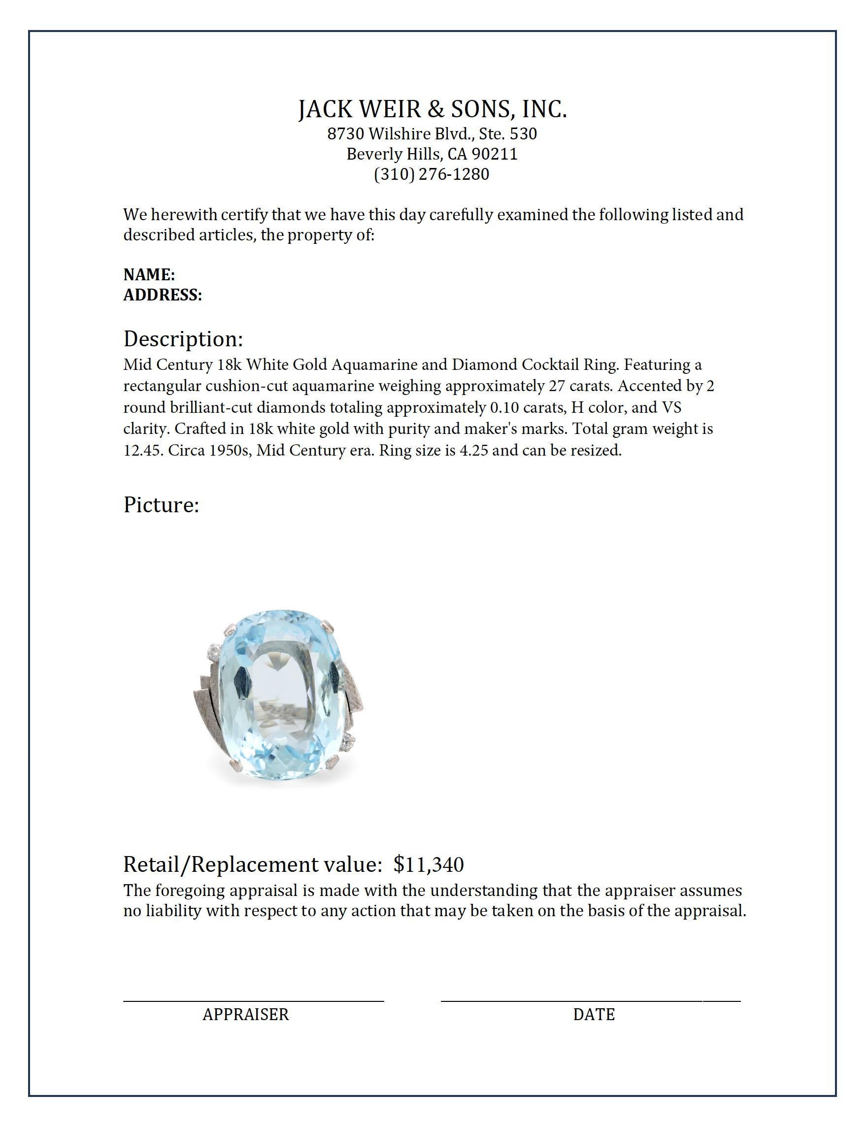 Mid Century 27 carat aquamarine diamond 18k white gold cocktail ring In Excellent Condition In Beverly Hills, CA