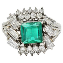 Mid-Century 2.79 CTW Colombian Emerald Diamond Platinum Vintage Cluster Ring GIA