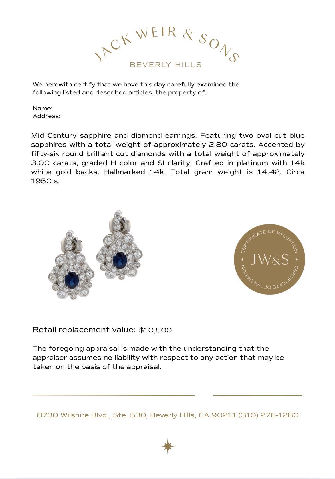 Mid Century 2.80 carat sapphire diamond platinum cocktail earrings In Good Condition For Sale In Beverly Hills, CA
