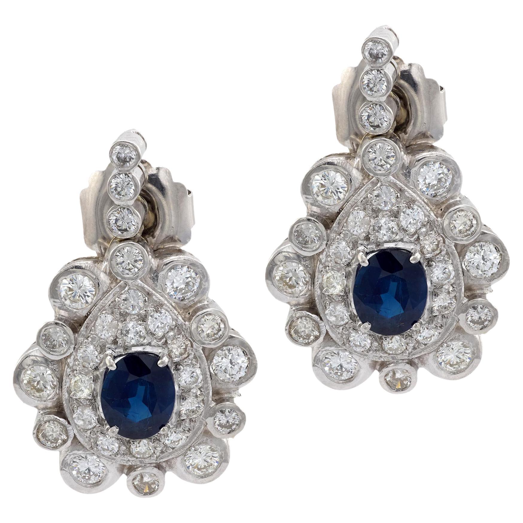 Mid Century 2.80 carat sapphire diamond platinum cocktail earrings For Sale