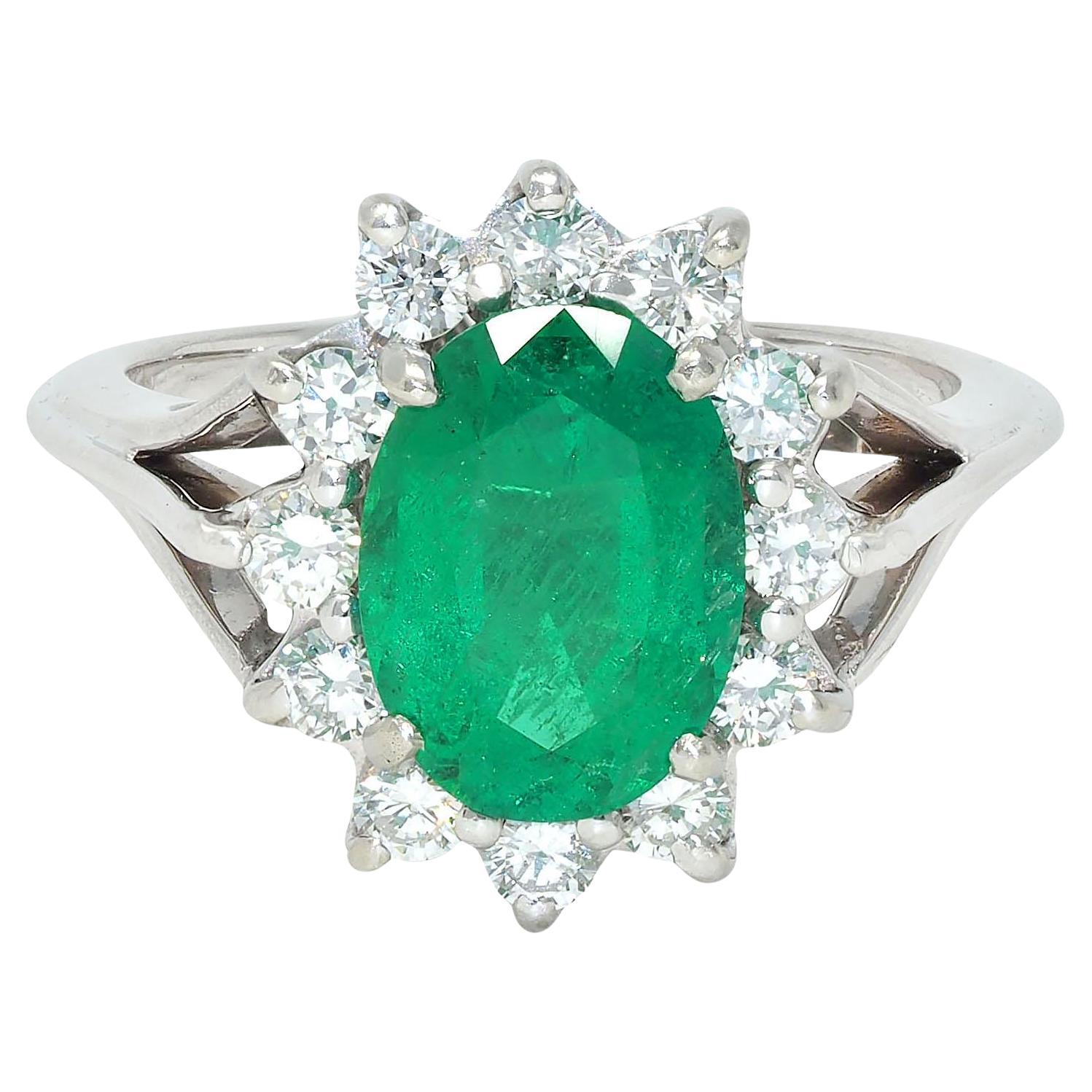Mid-Century 2.80 CTW Emerald Diamond 14 Karat White Gold Vintage Halo Ring