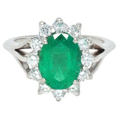 Mid-Century 2.80 CTW Emerald Diamond 14 Karat White Gold Vintage Halo Ring