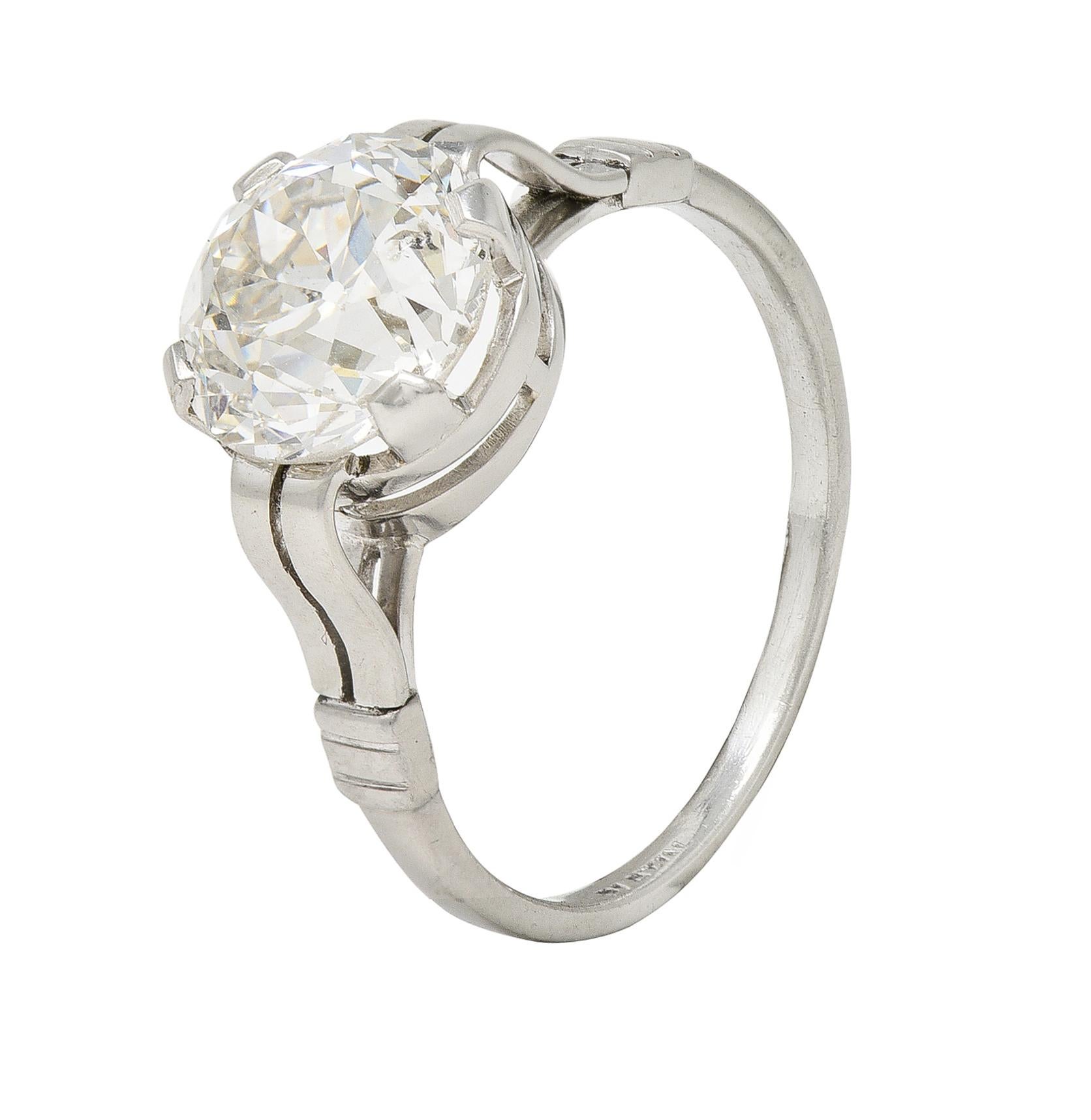 Mid-Century 2.84 CTW Old European Cut Diamond Platinum Ribbon Engagement Ring For Sale 6