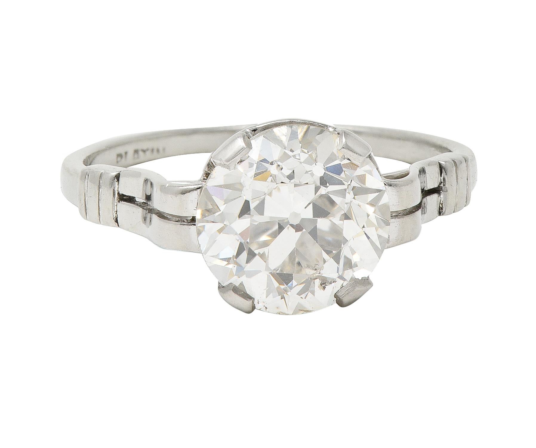 Mid-Century 2.84 CTW Old European Cut Diamond Platinum Ribbon Engagement Ring For Sale 5