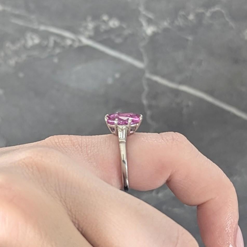 Mid-Century 2.85 CTW No Heat Pink Sapphire Diamond Platinum Three Stone Ring GIA For Sale 5