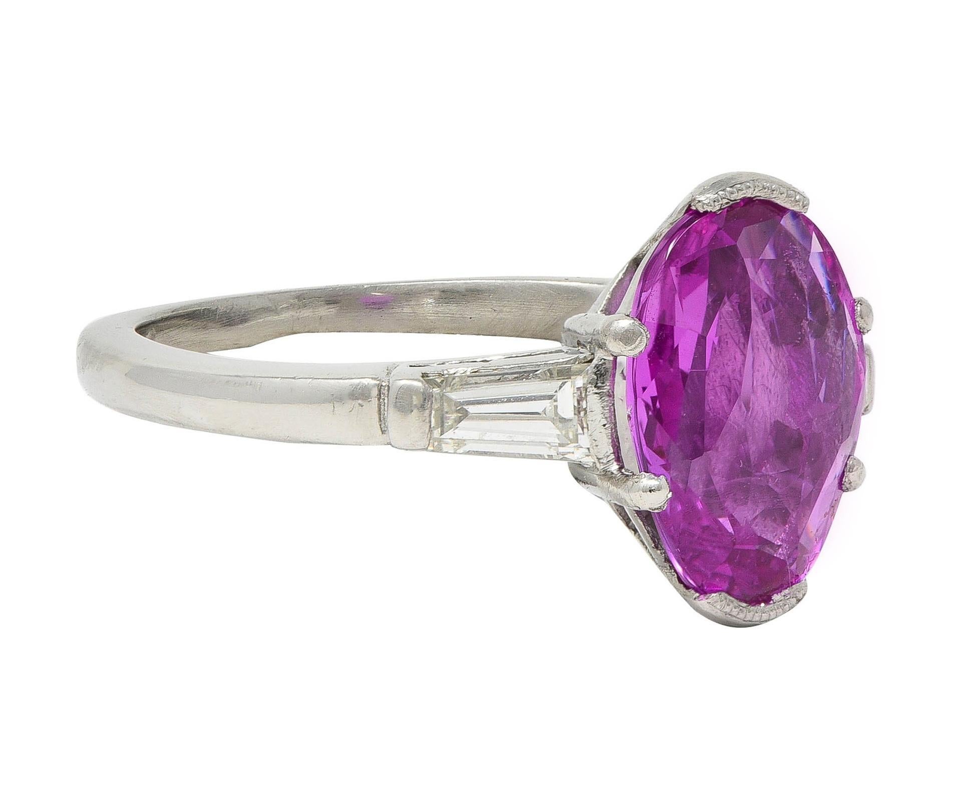 Oval Cut Mid-Century 2.85 CTW No Heat Pink Sapphire Diamond Platinum Three Stone Ring GIA For Sale