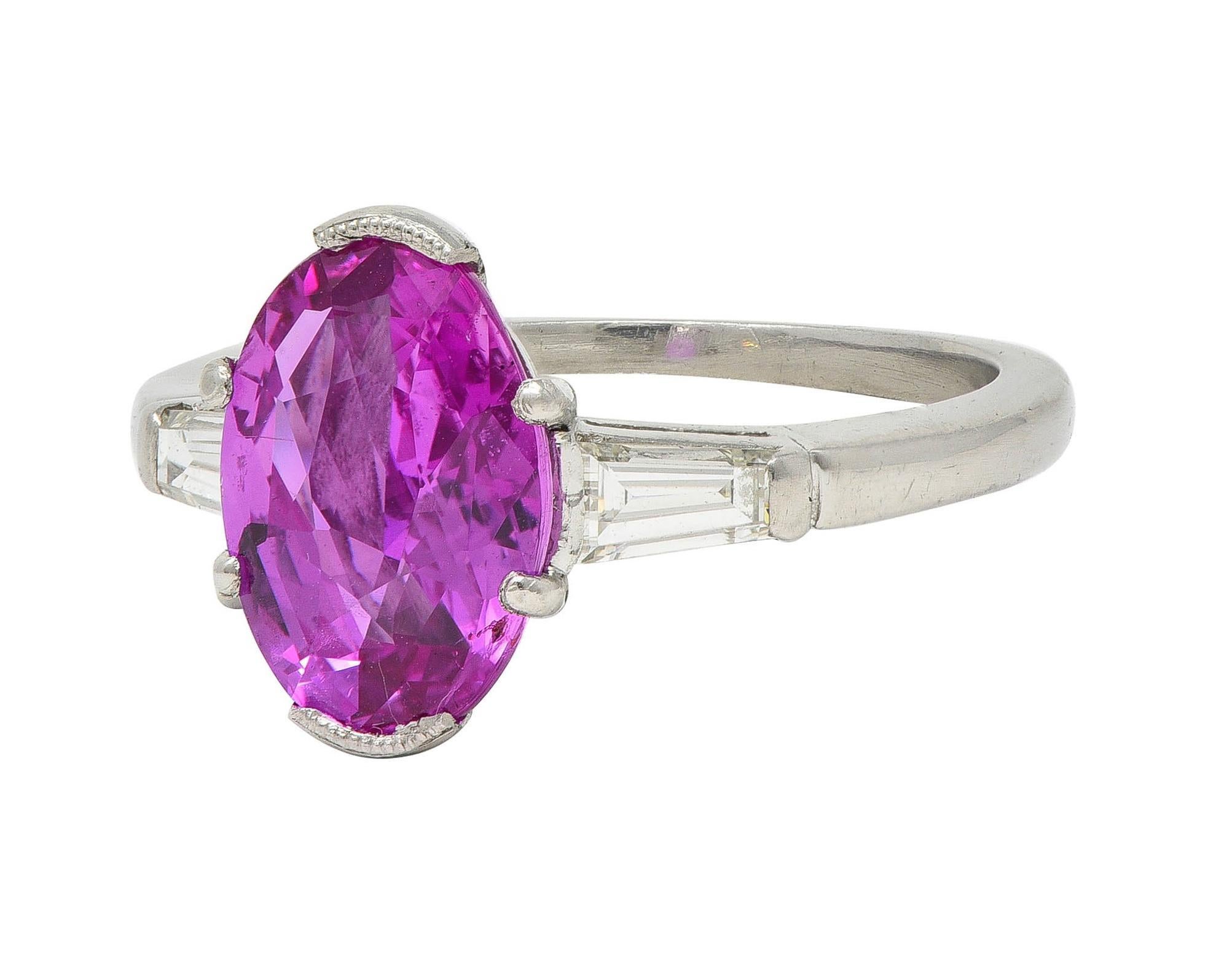 Women's or Men's Mid-Century 2.85 CTW No Heat Pink Sapphire Diamond Platinum Three Stone Ring GIA For Sale