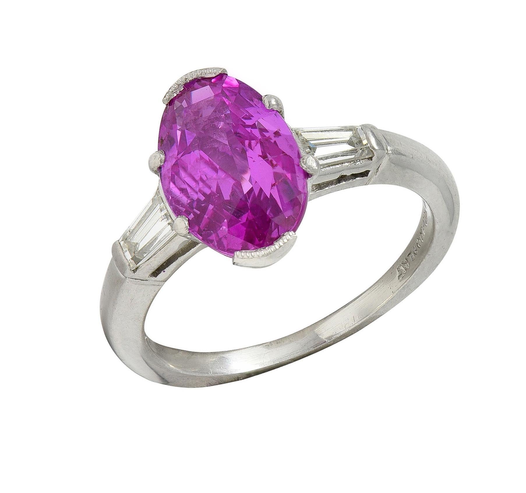 Mid-Century 2.85 CTW No Heat Pink Sapphire Diamond Platinum Three Stone Ring GIA For Sale 3