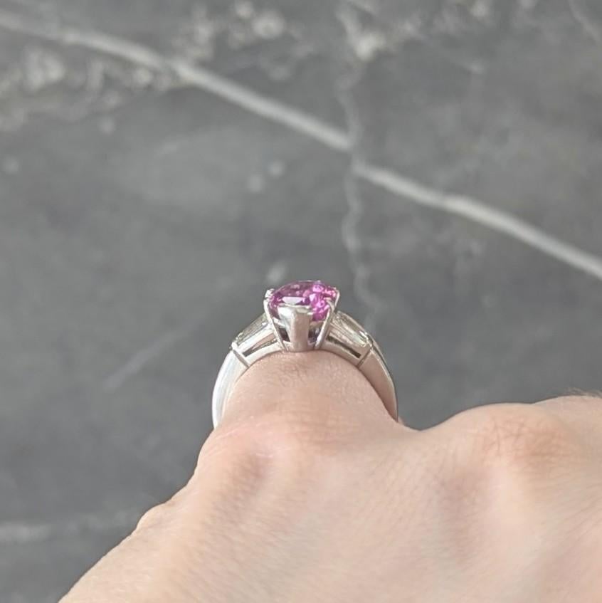 Mid-Century 2.85 CTW No Heat Pink Sapphire Diamond Platinum Three Stone Ring GIA For Sale 4