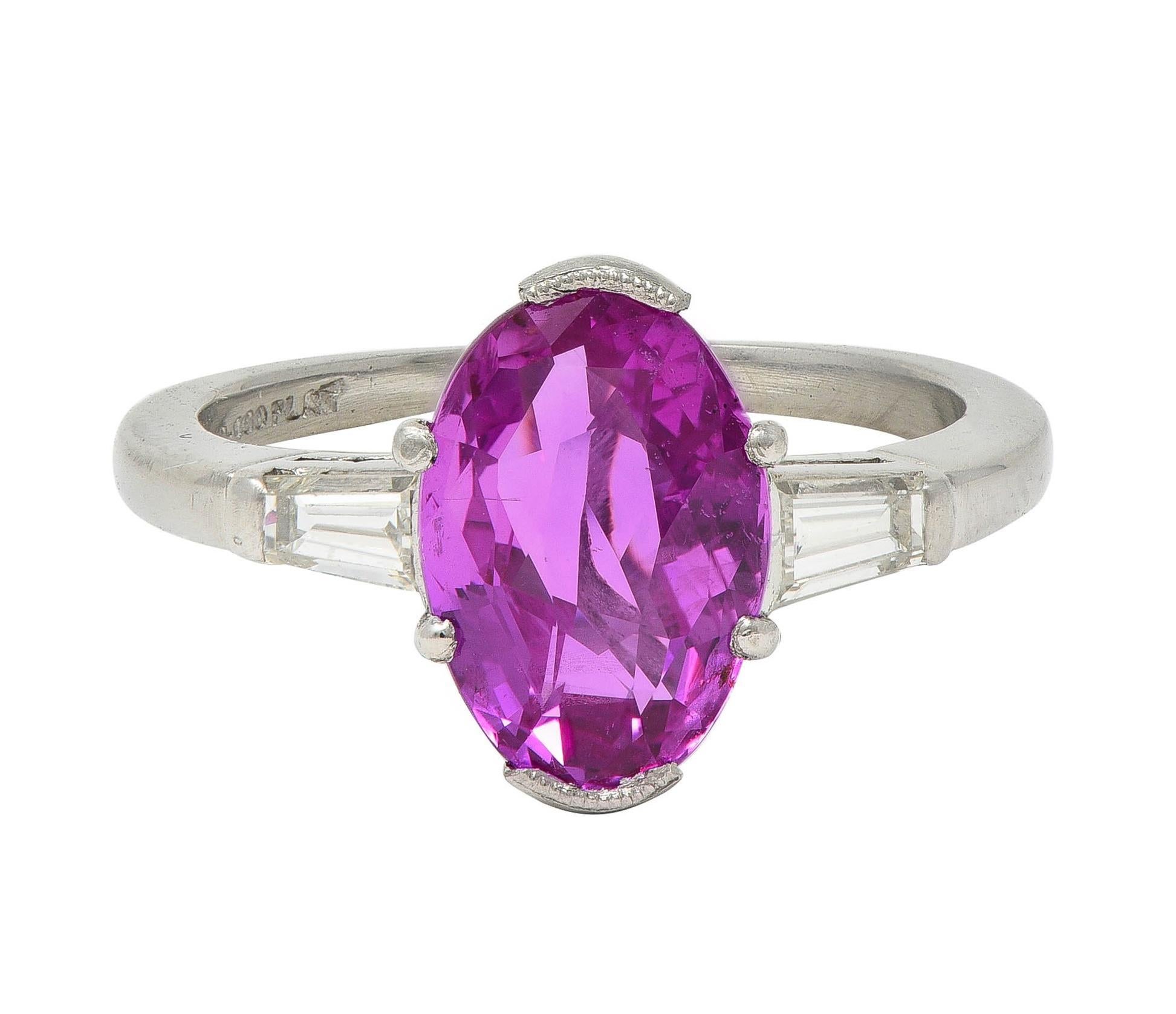 Mid-Century 2.85 CTW No Heat Pink Sapphire Diamond Platinum Three Stone Ring GIA