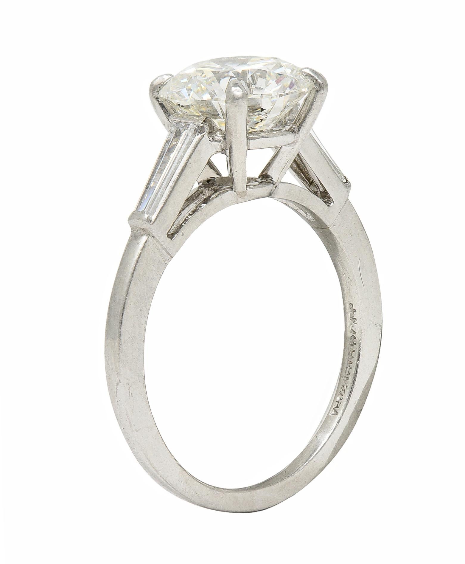 Mid-Century 2.88 CTW Diamond Platinum Vintage Three Stone Engagement Ring GIA For Sale 6