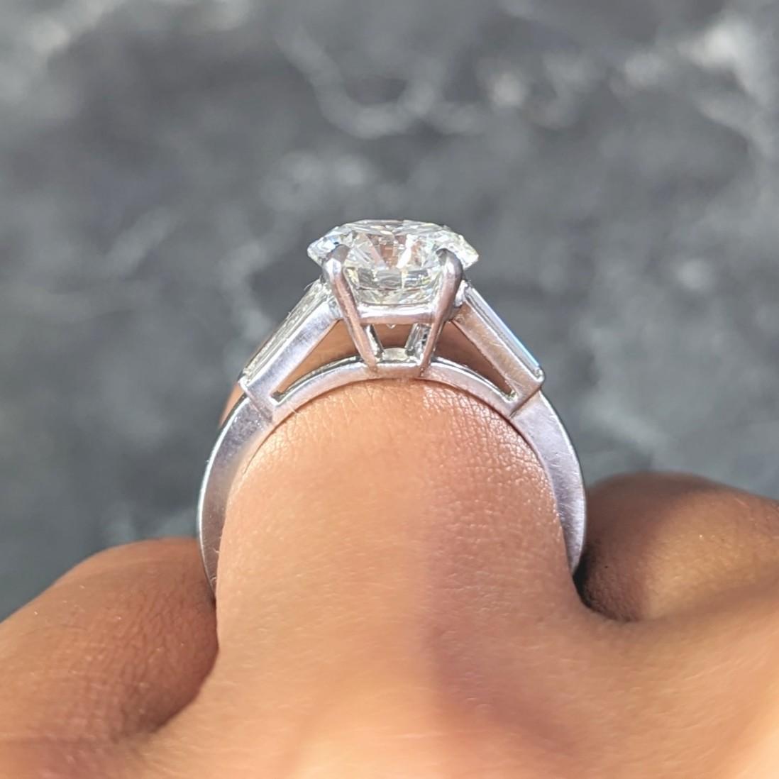 Mid-Century 2.88 CTW Diamond Platinum Vintage Three Stone Engagement Ring GIA For Sale 9