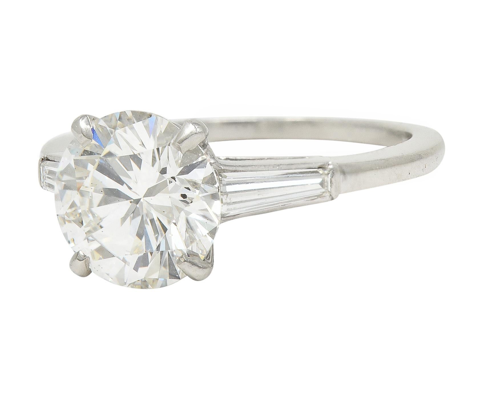 Brilliant Cut Mid-Century 2.88 CTW Diamond Platinum Vintage Three Stone Engagement Ring GIA For Sale