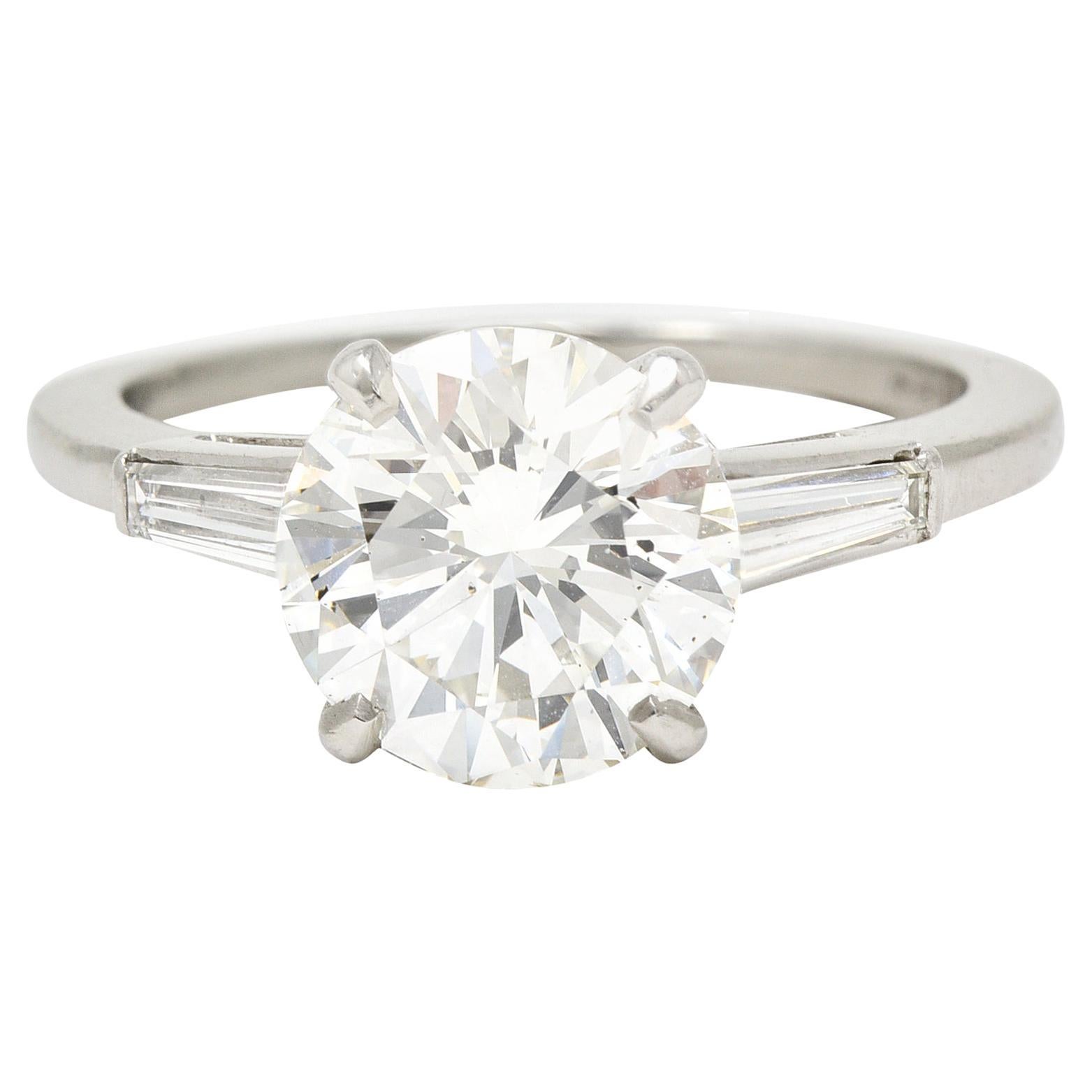 Mid-Century 2.88 CTW Diamond Platinum Vintage Three Stone Engagement Ring GIA For Sale