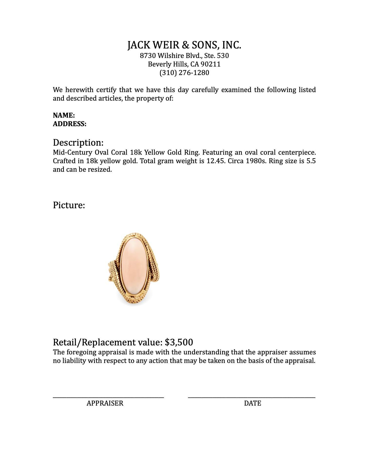 Women's or Men's Mid Century 28k oval coral cocktail ring For Sale