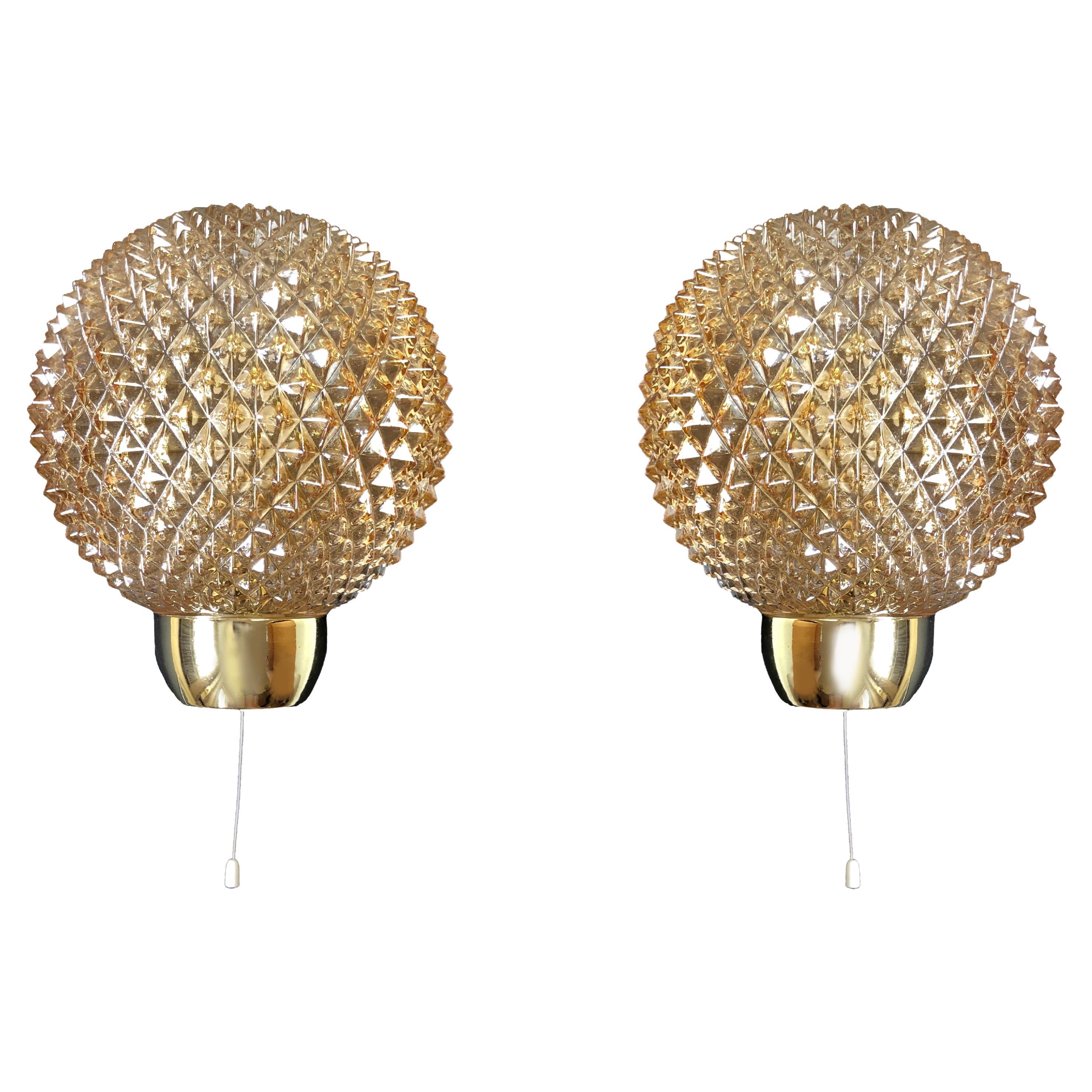 Mid-Century Set of Wall Lamps Spiky Spheres, Amber Glow by RZB, Germany, 1980s