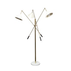 Mid Century 3 Arm Stilnovo Style Adjustable Brass/ Cream Enamel Floor Lamp