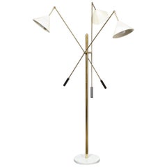 Mid Century 3 Arm Stilnovo Style Adjustable Brass/ Cream Enamel Floor Lamp