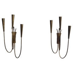 Mid-Century 3-armed Brass Large Pair of Cinema Sconces, 1950s, Italy