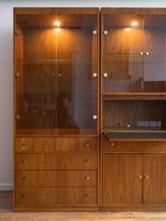 Mid-century 3 bay lighted display cabinet / wall unit with desk