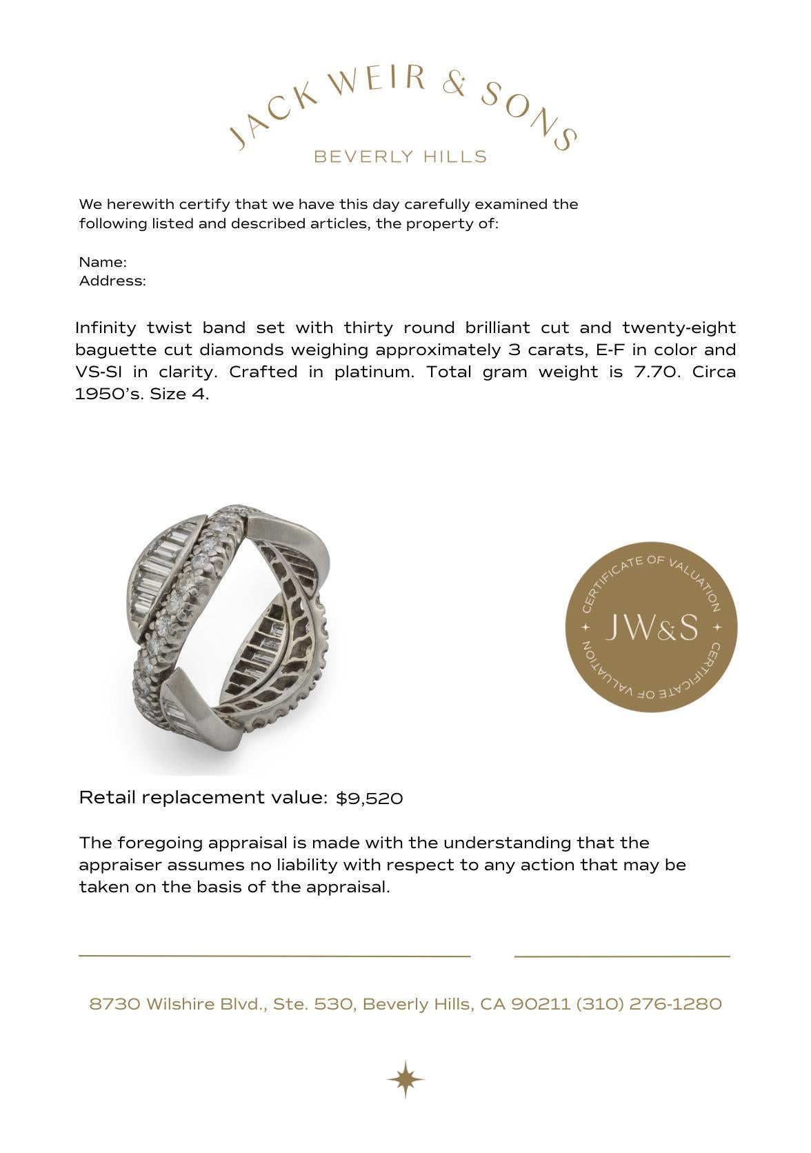 Mid Century 3 Karat runde und Baguette-Diamanten Platin Unendlichkeit Twist Band im Angebot 1