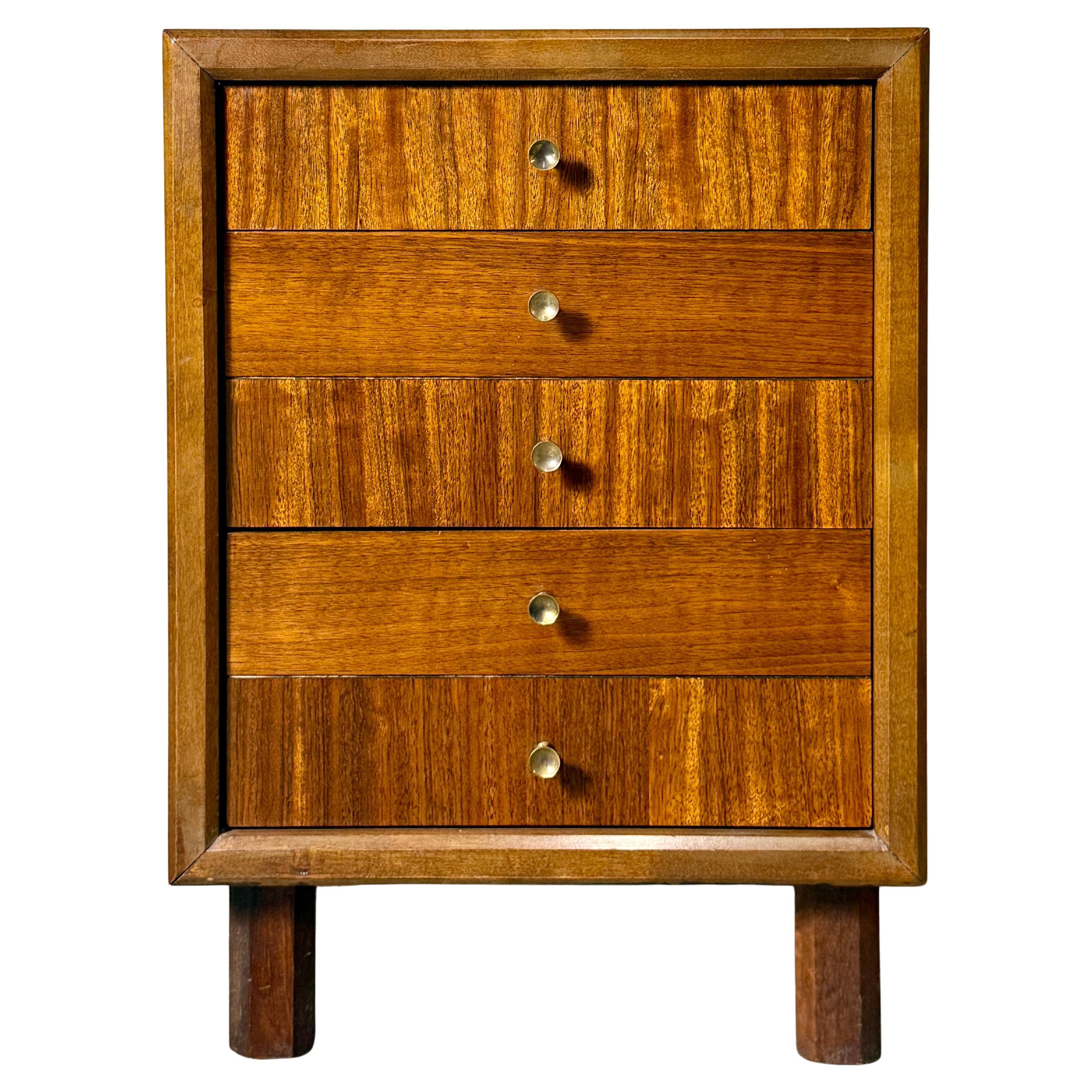 Mid Century 3 Drawer Side Table Chest in Walnut with Brass Hourglass Pulls 1960s