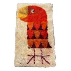 Mid-century 3' Foot Hand-Hooked Bird Tapestry Rug Wall Hanging