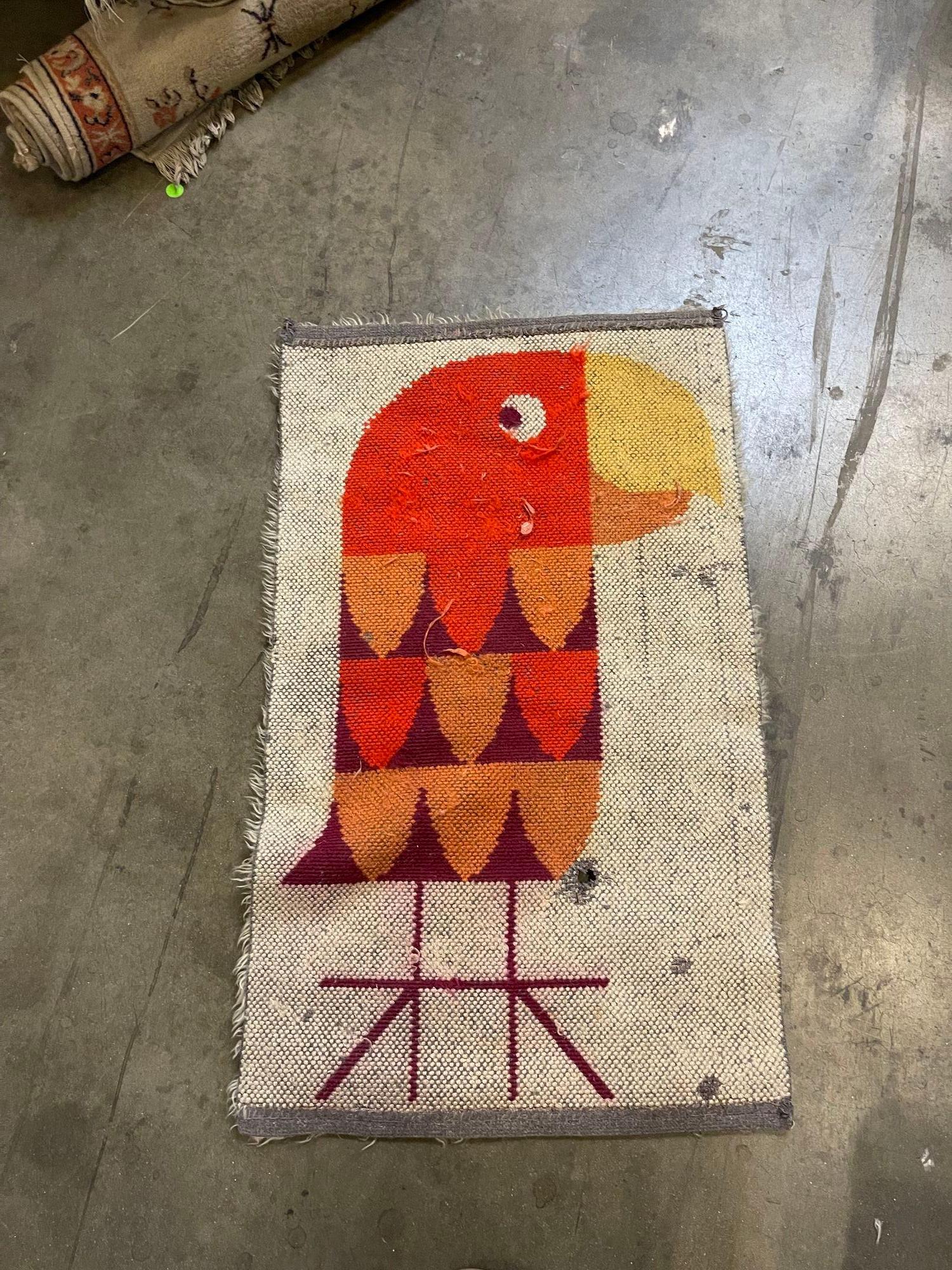 Mid-20th Century Mid Century 3' Foot Hand-Hooked Bird Tapestry Rug Wall Hanging For Sale