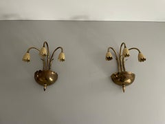 Mid-century 3-head Yellow Brass Pair of Sputnik Sconces, 1950s, Italy