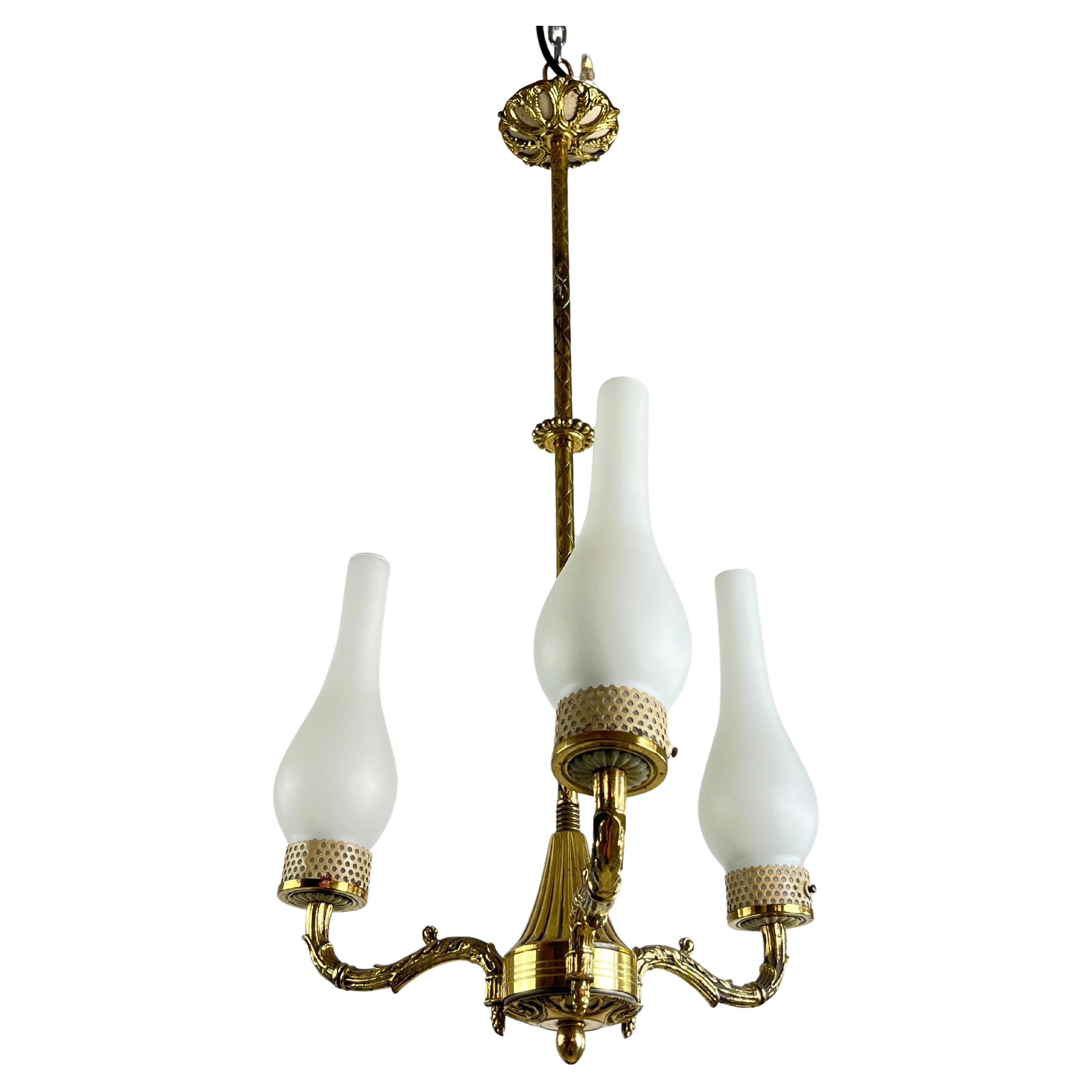 Mid-Century 3-Light Brass And Glass Chandelier  Attributed To Stilnovo 1950s For Sale