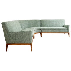 Retro Mid-Century 3 Part Curved Sectional Sofa, New Light Teal Upholstery, Wood Base