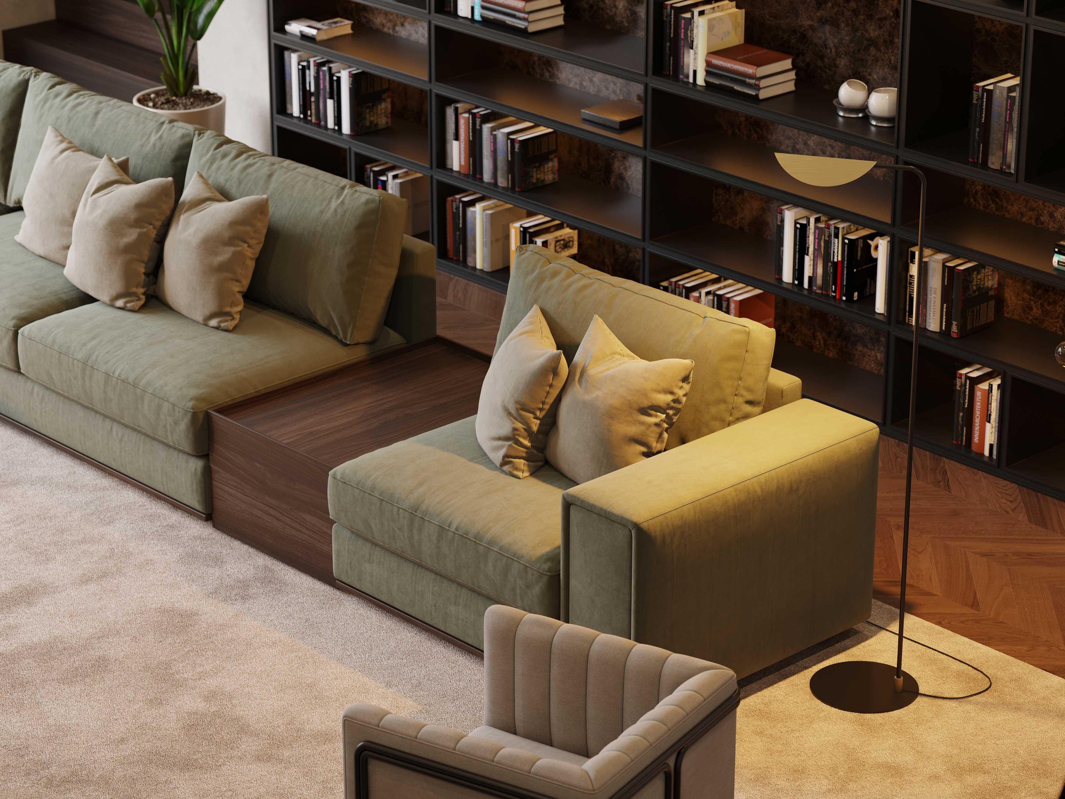 Mid-Century-Sofa mit 3 Sitzen und Chaise Longue Sublime aus Holz und Textilien (21. Jahrhundert und zeitgenössisch) im Angebot