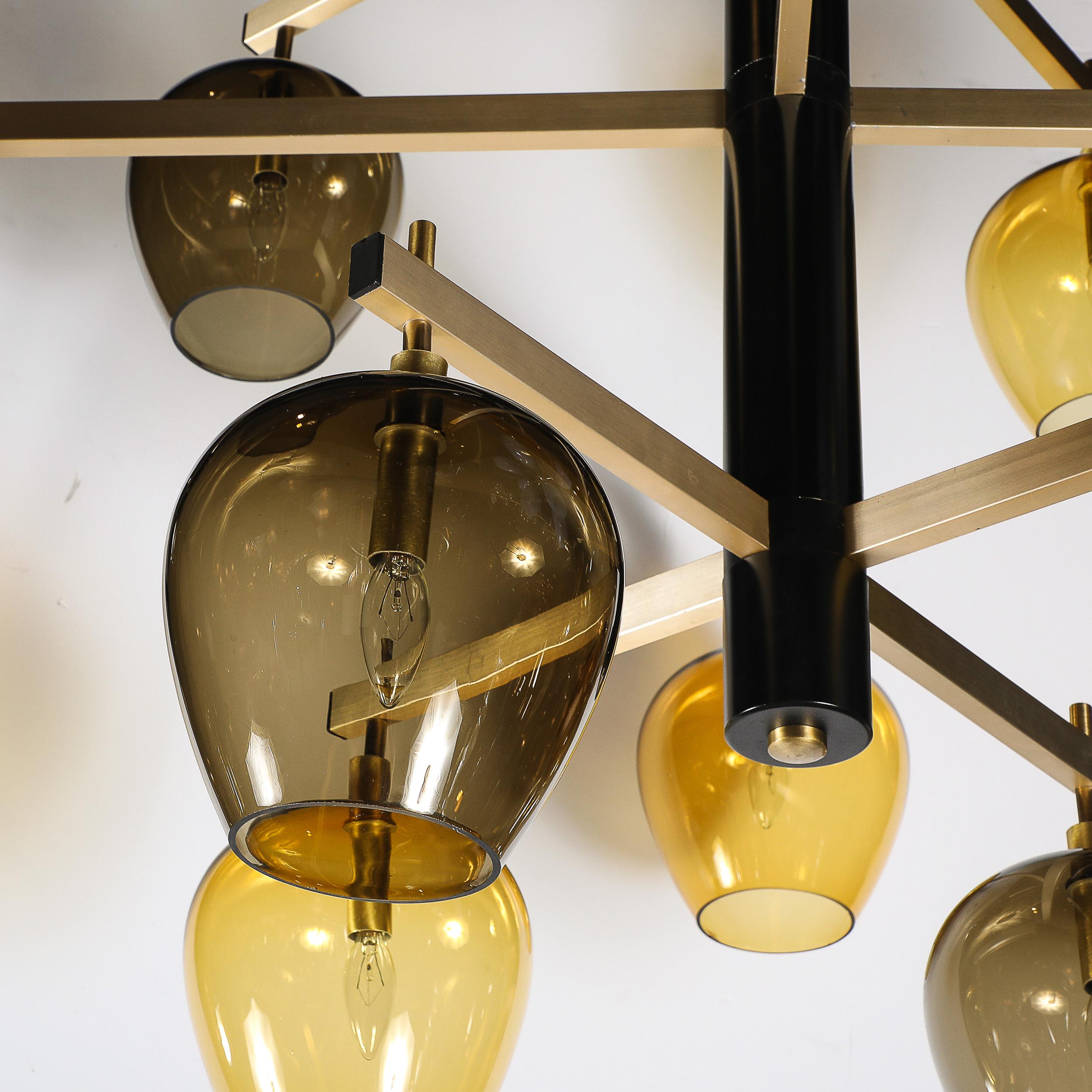 Mid-Century  3-Tier  Chandelier in Amber & Smoked Glass Shades by Lightolier For Sale 3