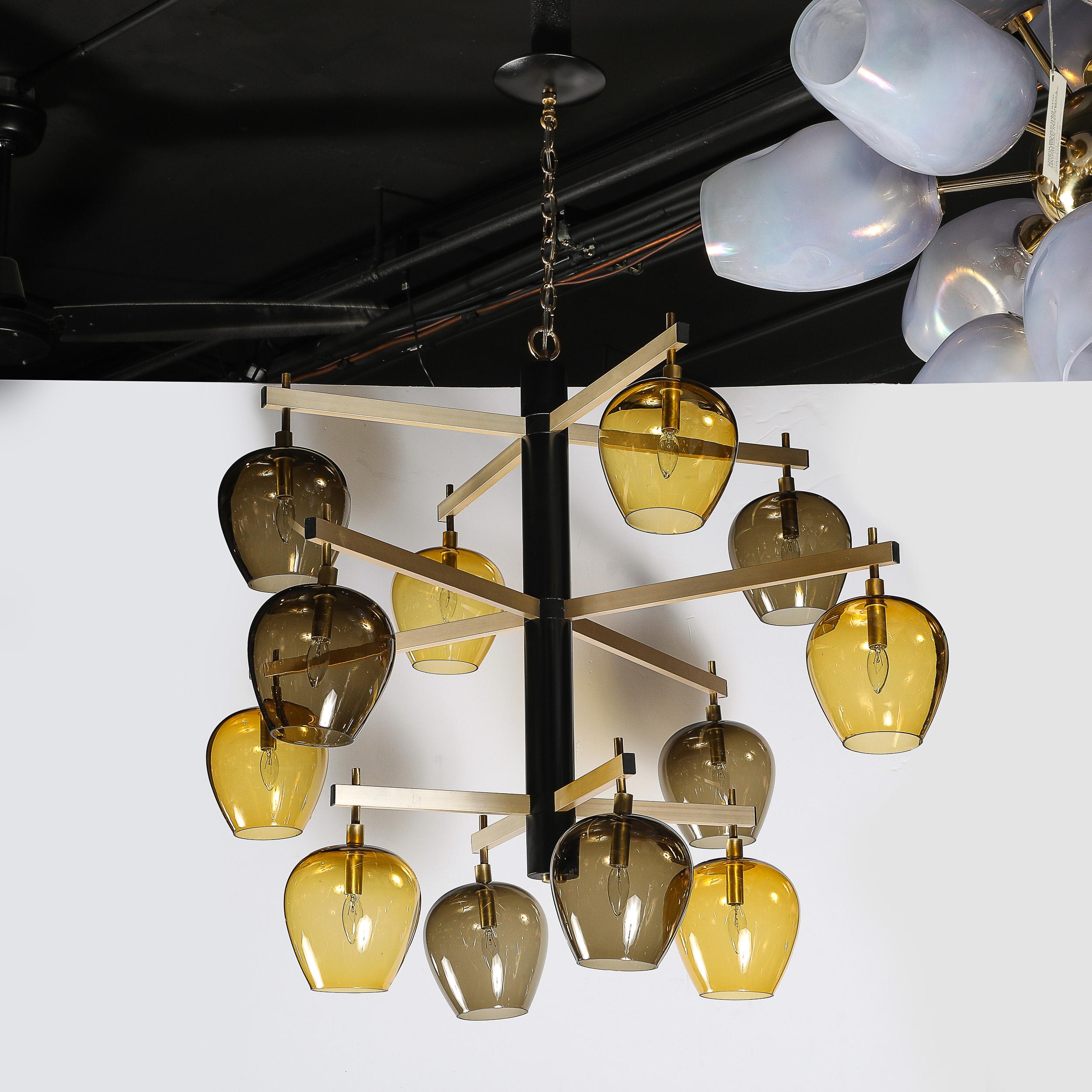Mid-Century  3-Tier  Chandelier in Amber & Smoked Glass Shades by Lightolier For Sale 4